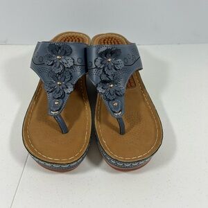 Harence Women's Blue Floral Thong Wedge Sandals
